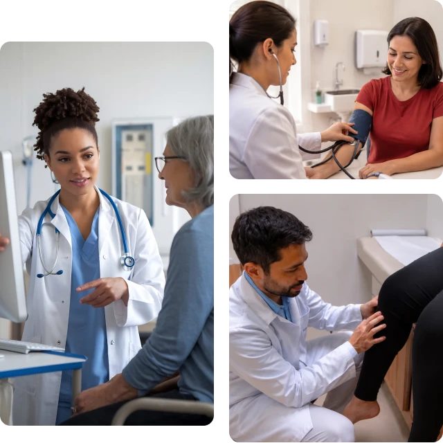 Mosaico de 3 fotos de médicos atendendo os pacientes